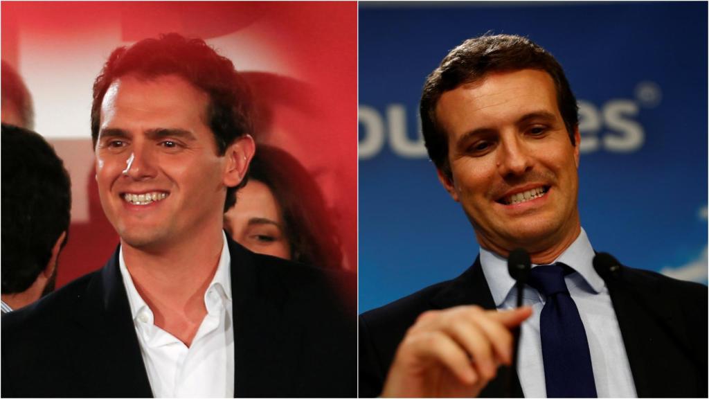 Albert Rivera y Pablo Casado tras conocer los resultados electorales de este 28-A