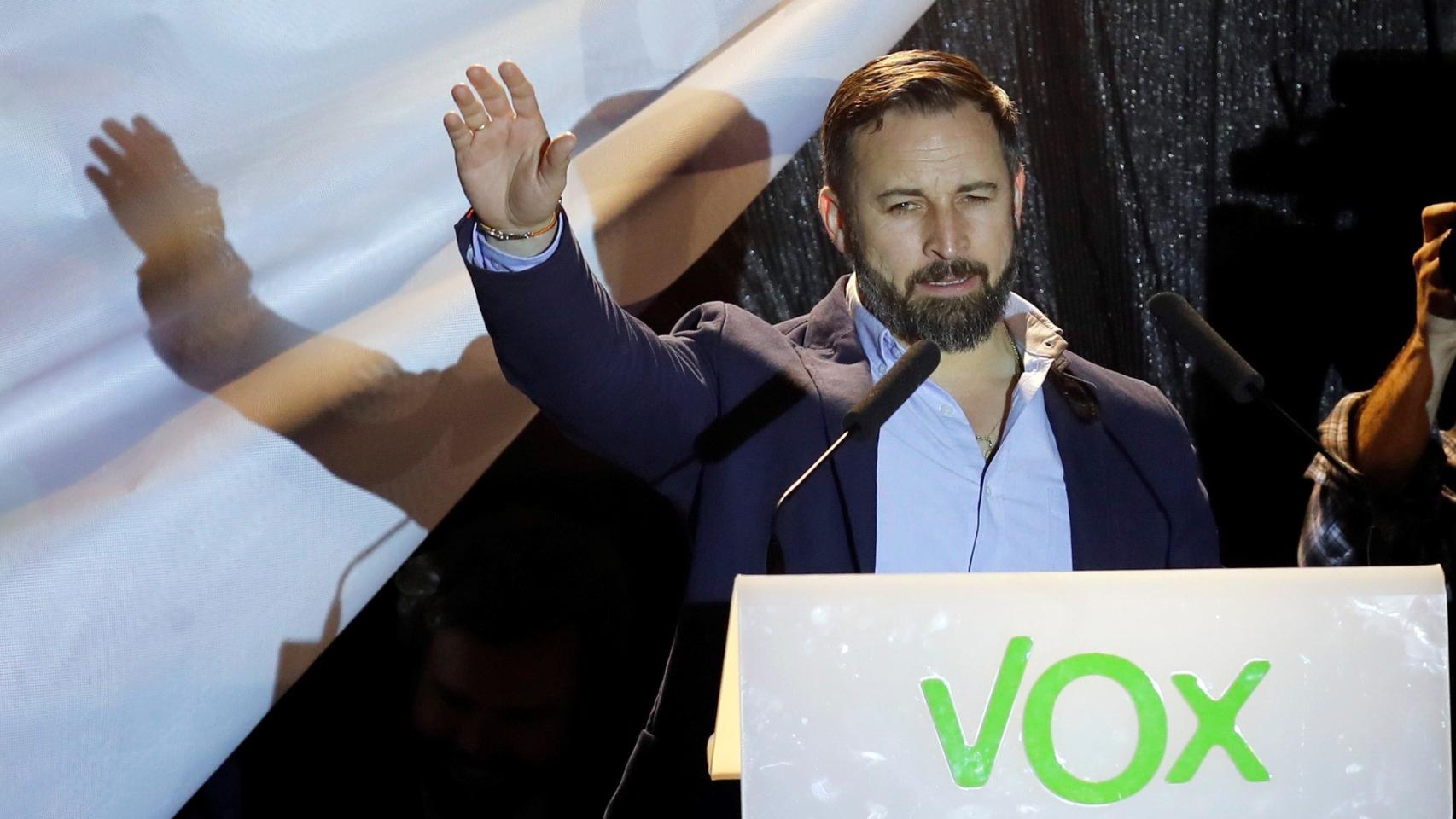 El líder de Vox, Santiago Abascal, en la madrileña plaza de Margaret Thatcher.