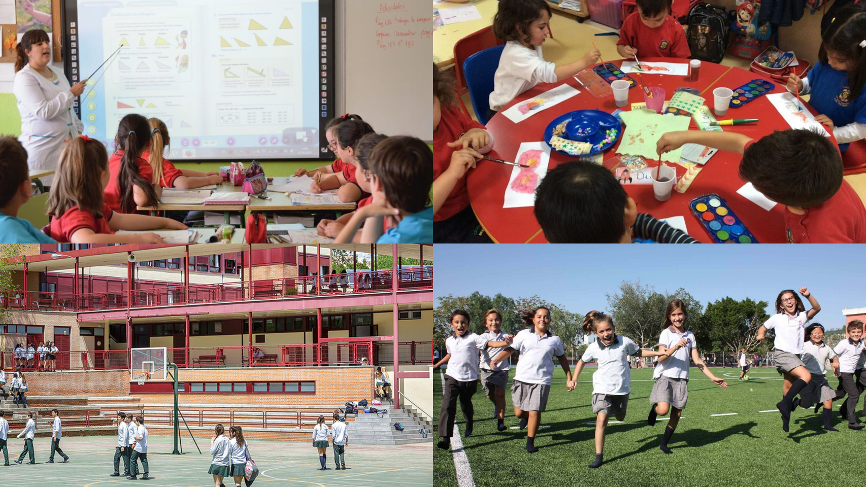De izquierda a derecha y de arriba a abajo, Colegio Luis Vives (Palma de Mallorca), Colegio Brains (Madrid), Colegio San Patricio (Madrid) y Newton College (Elche)