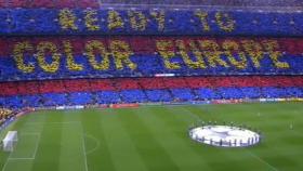 Tifo del Barcelona antes de medirse al Liverpool