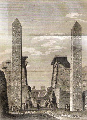 Los dos obeliscos en el Templo del Sol. Grabado de V. Denon, Travels, Londres, 1803. https://egiptologia.com