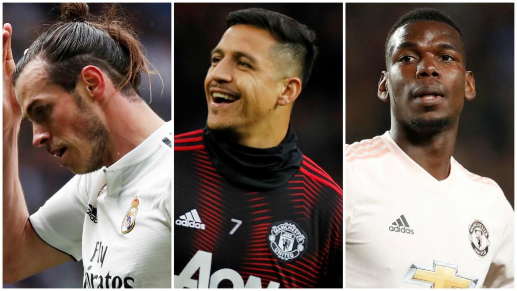 Gareth Bale (izquierda), Alexis Sánchez (centro) y Paul Pogba (derecha).