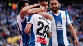 Los jugadores del Espanyol celebran el primer tanto ante el Atlético