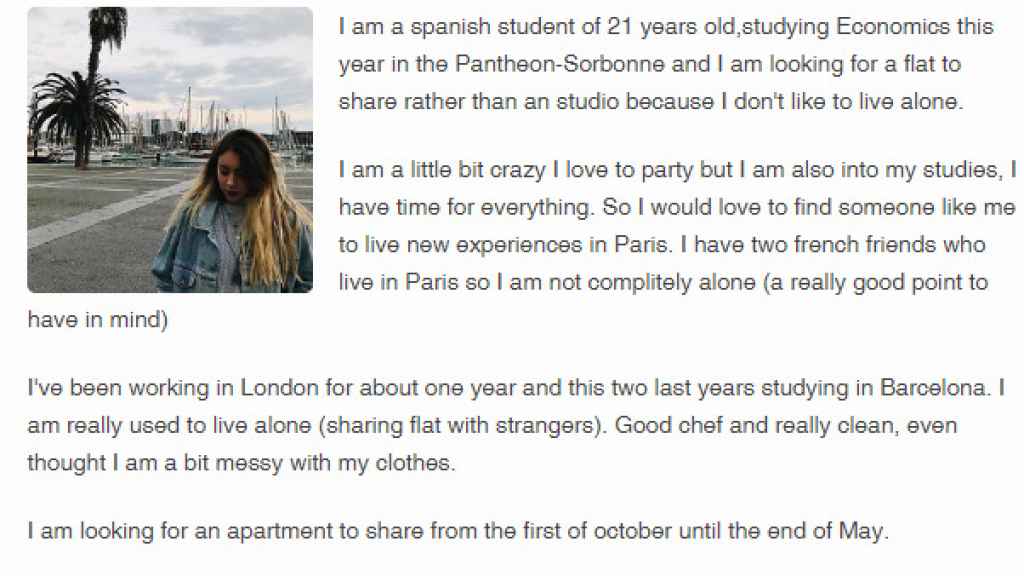 Captura de la publicación que Natalia compartió en Erasmusu buscando piso en París en octubre del año pasado.