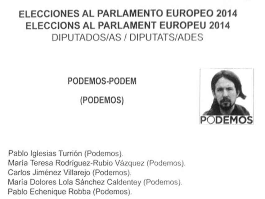 Papeleta de Podemos en las elecciones europeas de 2014.