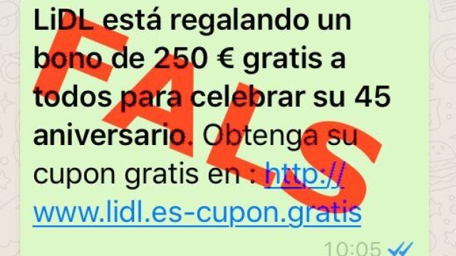 Mensaje sobre la estafa que utiliza como reclamo a Lidl que circula por WhatsApp