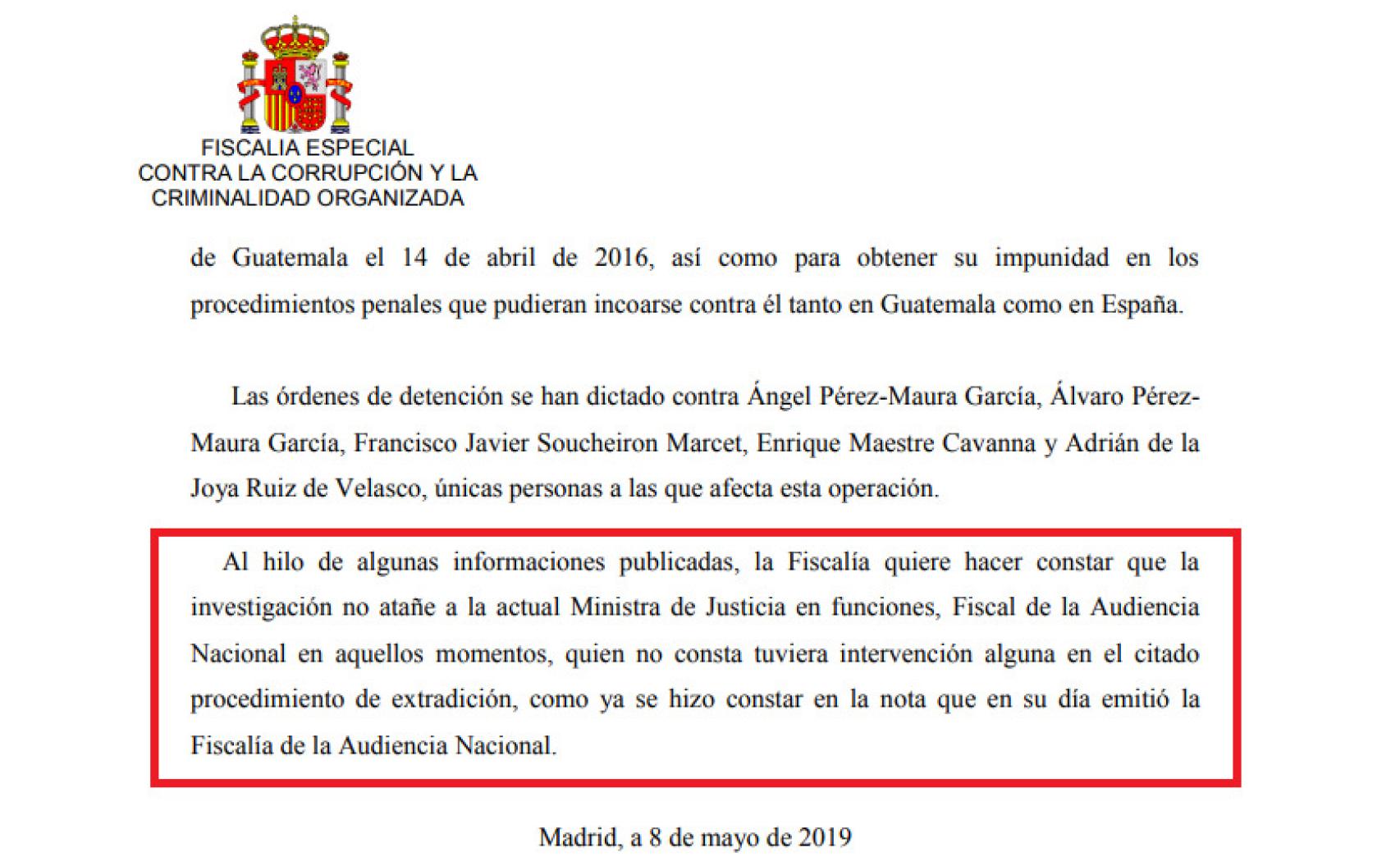 Nota aclaratoria de la Fiscalía Anticorrupción sobre la pieza PIT, en la que habla de Dolores Delgado.