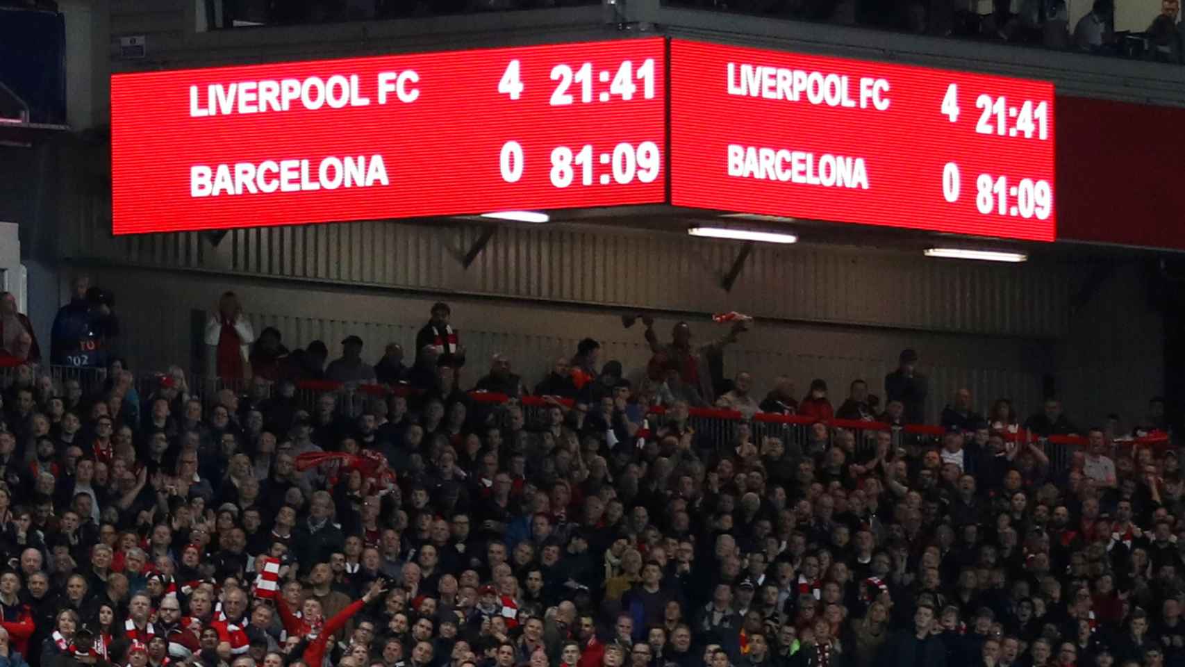 El marcador de Anfield refleja el histórico 4-0 ante el FC Barcelona