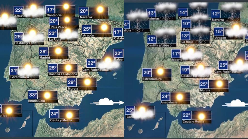 A la izquierda el mapa del clima de este miércoles, a la derecha el de este viernes