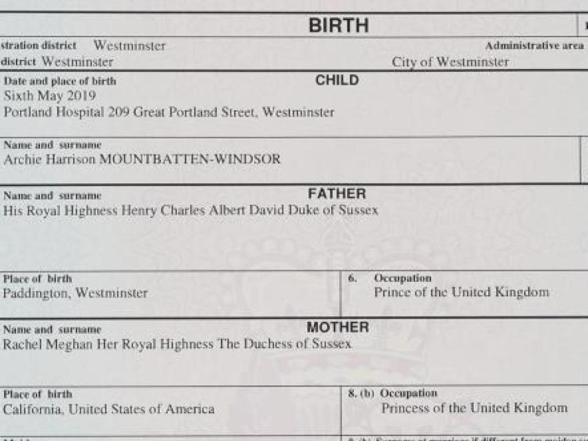 Imagen del certificado de nacimiento de Archie, hijo de los duques de Sussex.