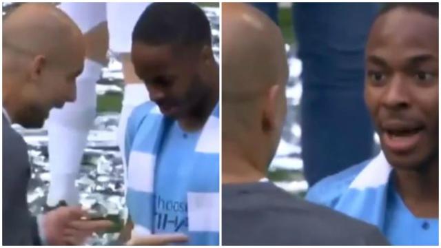 Sterling y Guardiola durante la celebración de la FA Cup