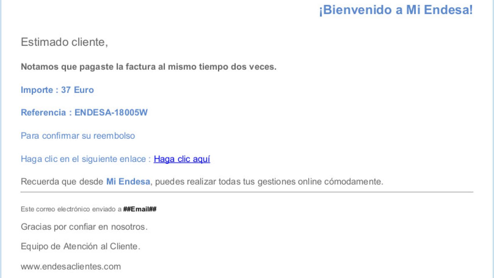 Correo con el que los estafadores suplantan la imagen de Endesa