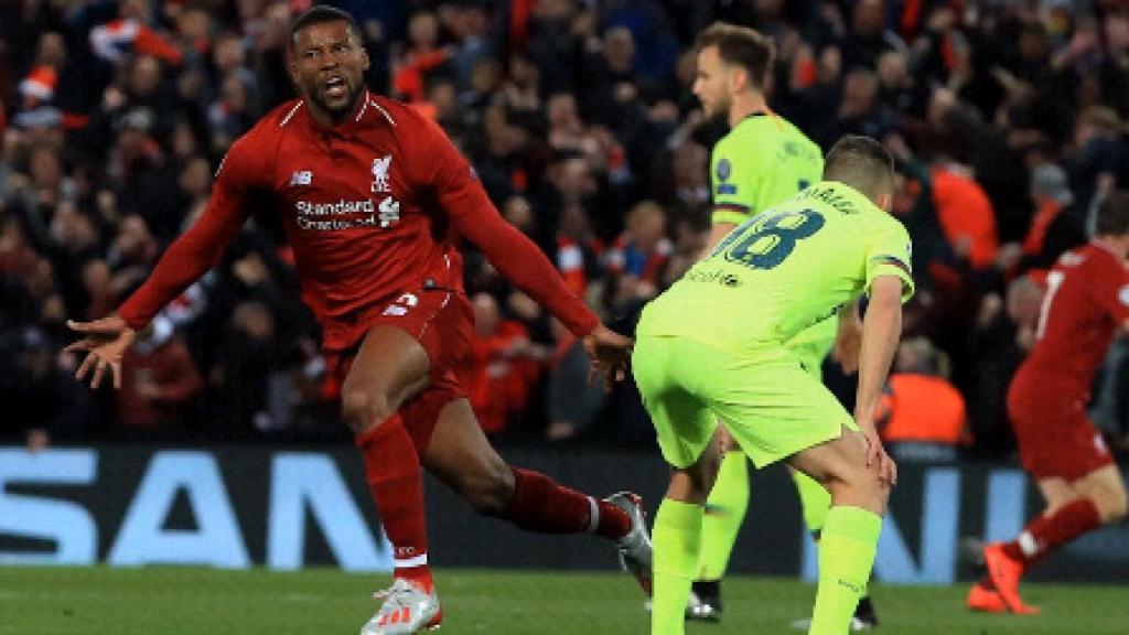 Celebración de Wijnaldum en el 3-0 del Liverpool. Foto: Twitter (@ASRomaEN)