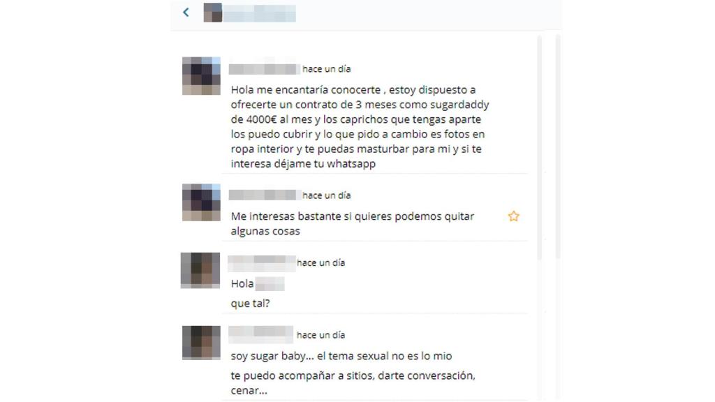 Captura de pantalla de una de las conversaciones en las webs de Sugar Daddies