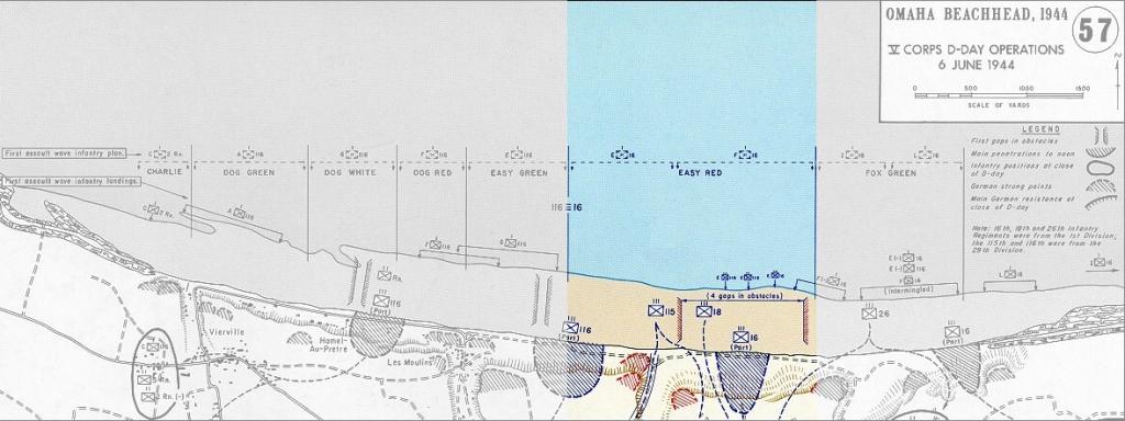 Mapa de Omaha Beach, con el sector Easy Red, donde desembarcó Otero, destacado.