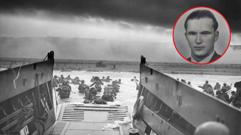 Soldados de la Big Red One en Omaha Beach a las 7:40 horas; y un retrato de Manuel Otero.