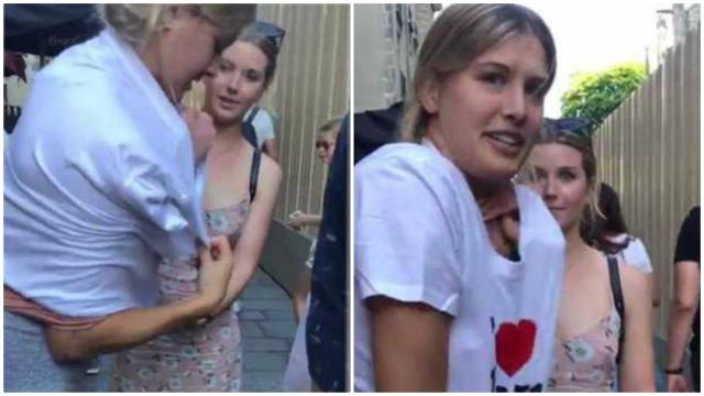 Eugenie Bouchard cambiándose de camiseta en la calle