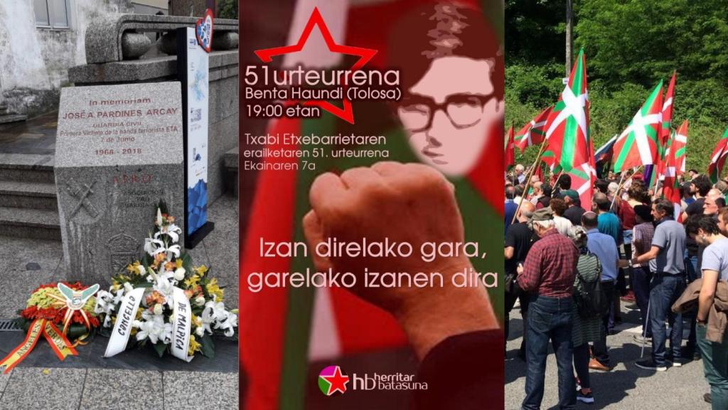 A la izquierda, el monolito en recuerdo a Pardines; en el centro, el cartel; a la derecha, un homenaje a Etxebarrieta.