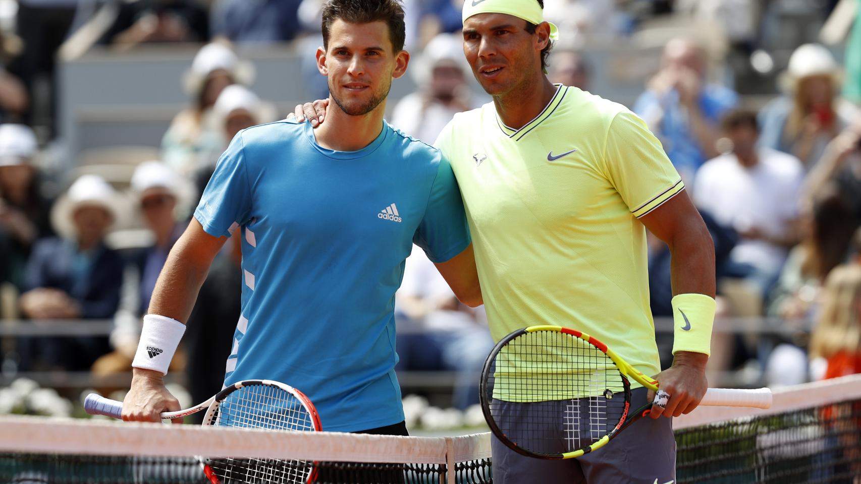 Dominic Thiem y Rafael Nadal, antes de comenzar la final de Roland Garros 2019