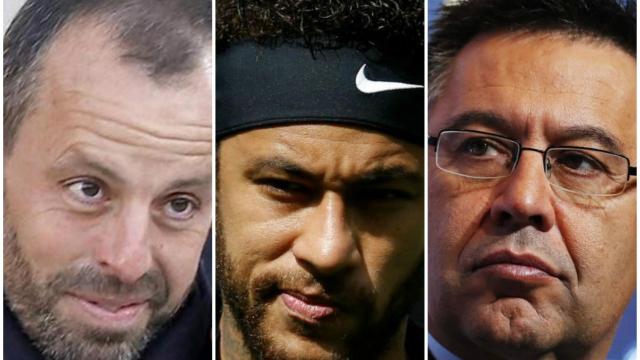 Sandro Rosell (expresidente del Barça); Neymar Jr (exjugador azulgrana); Josep María Bartomeu (actual presidente del club).