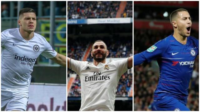 Luka Jovic, Karim Benzema y Eden Hazard.