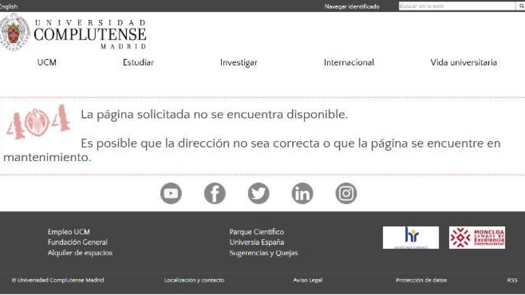 Mensaje que aparece en la web de la Complutense