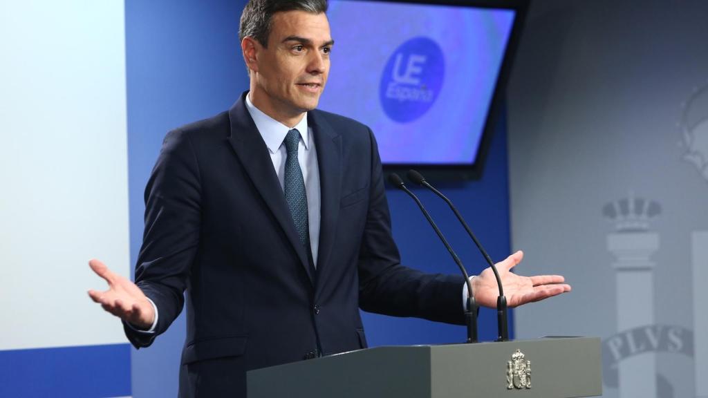 Pedro Sánchez, este viernes en una comparecencia ante la prensa en Bruselas