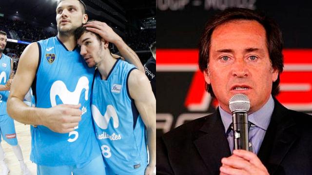 A la derecha dos jugadores del Estudiantes de baloncesto y a la izquierda Sito Pons