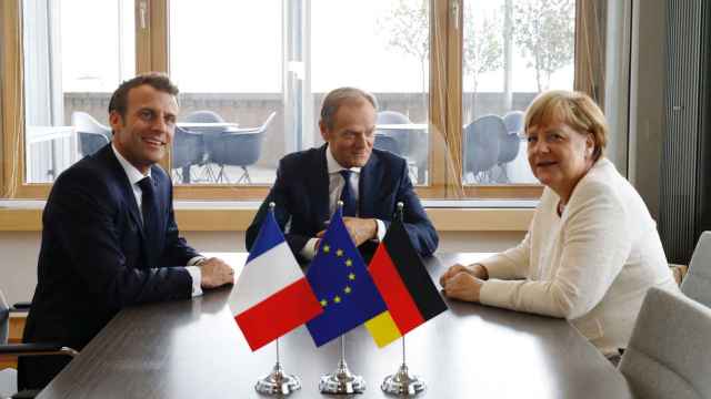 Macron, Tusk y Merkel, durante una de sus últimas reuniones en Bruselas