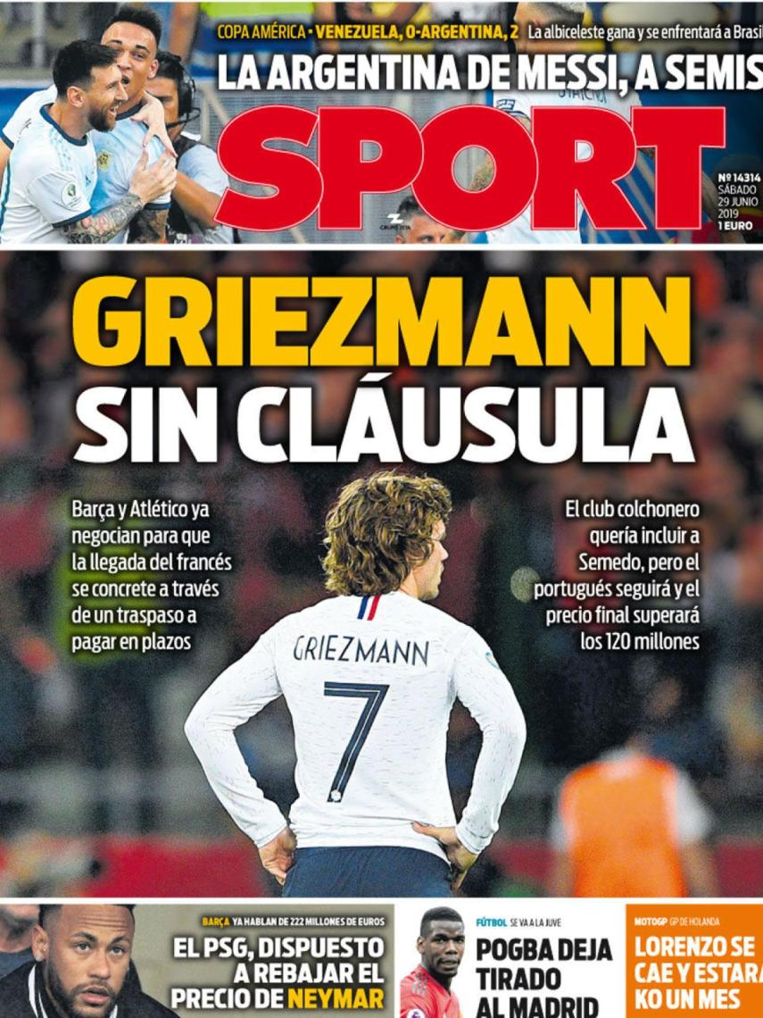 La portada del diario Sport (29/06/2019)