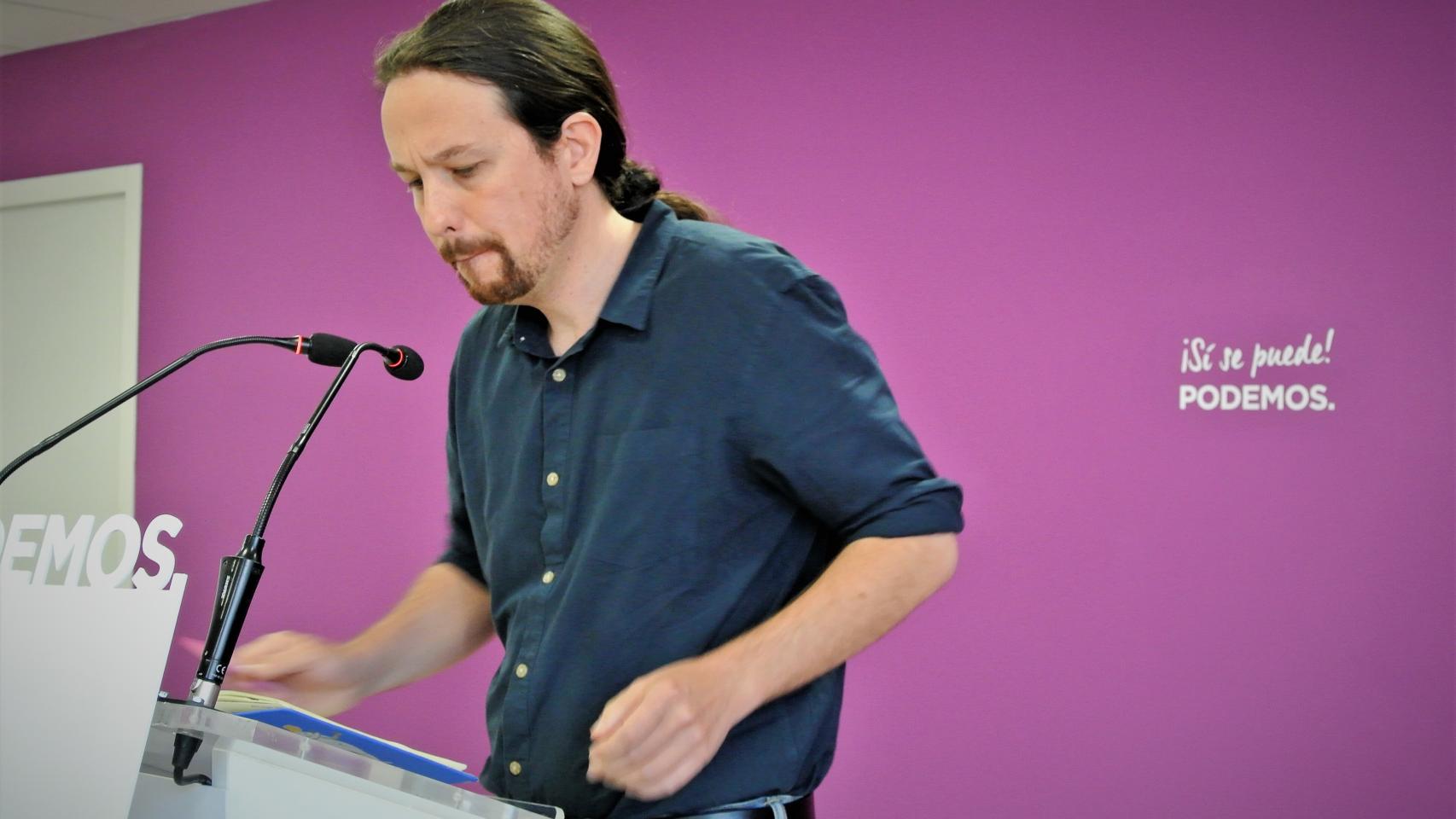 Pablo Iglesias, durante una rueda de prensa en la sede de Podemos.