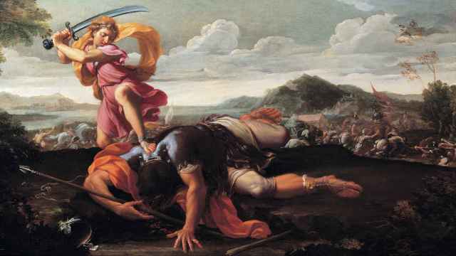 Escena bíblica de David derrotando a Goliat retratada por Guillaime Courtois.