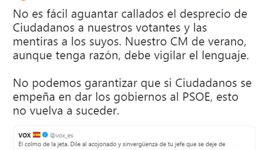 Vox culpa al becario, “el CM de verano”, por el tuit con insultos a Ciudadanos