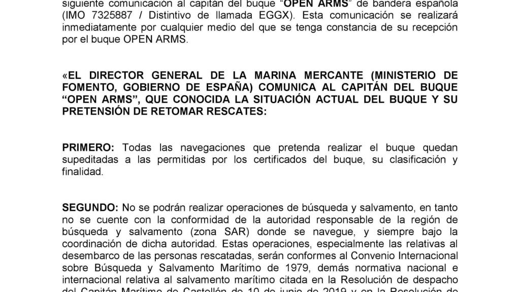 Carta del director general de la Marina Mercante al buque Open Arms.