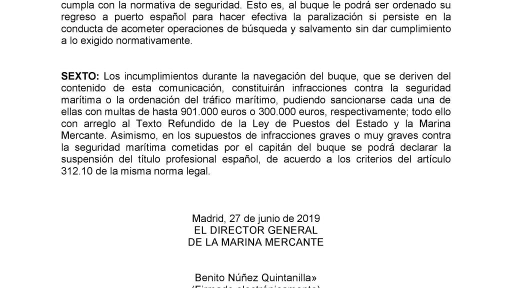 Carta del director general de la Marina Mercante al buque Open Arms.