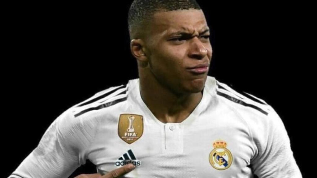 Fotomontaje de Kylian Mbappé con la camiseta del Real Madrid