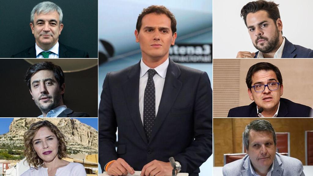 Albert Rivera, en el centro, flanqueado por Garicano, Roldán, Marta Martín (izq.) y Páramo, José María Espejo y Carlos Cuadrado (der.).