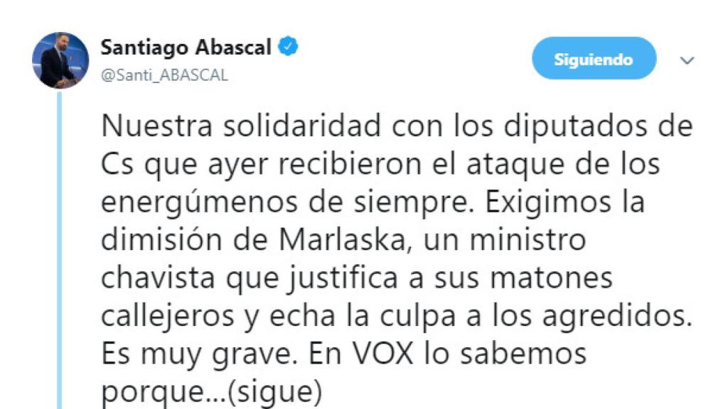 Tuit de santiago Abascal pidiendo la dimisión de Marlaska.