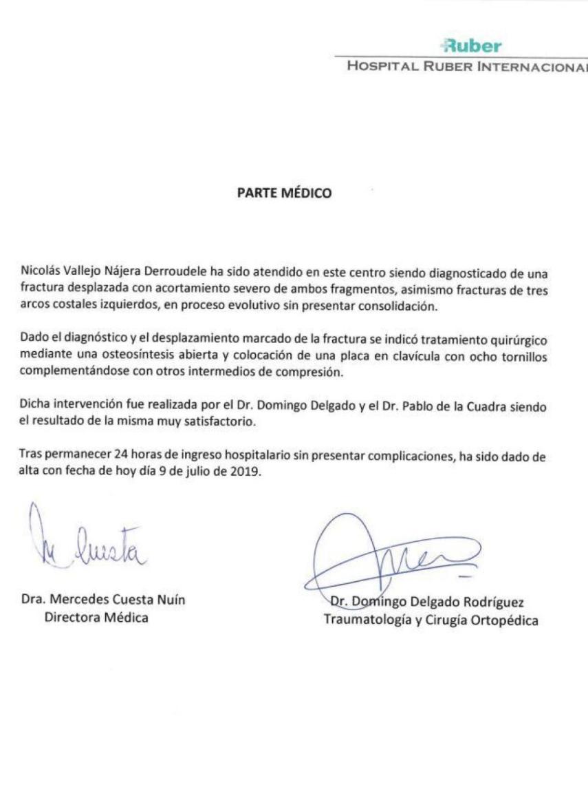 Parte médico de Colate emitido por su equipo hospitalario.