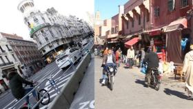 Gran Vía de Madrid frente a la Medina de Marrakech