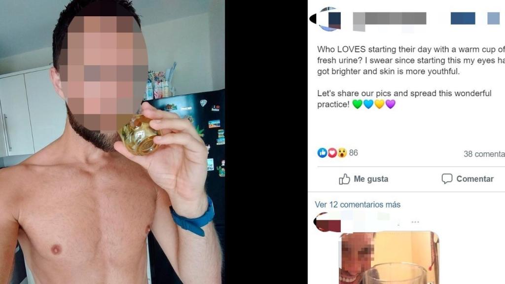 Un joven muestra orgulloso cómo bebe un vaso que contiene su propia orina