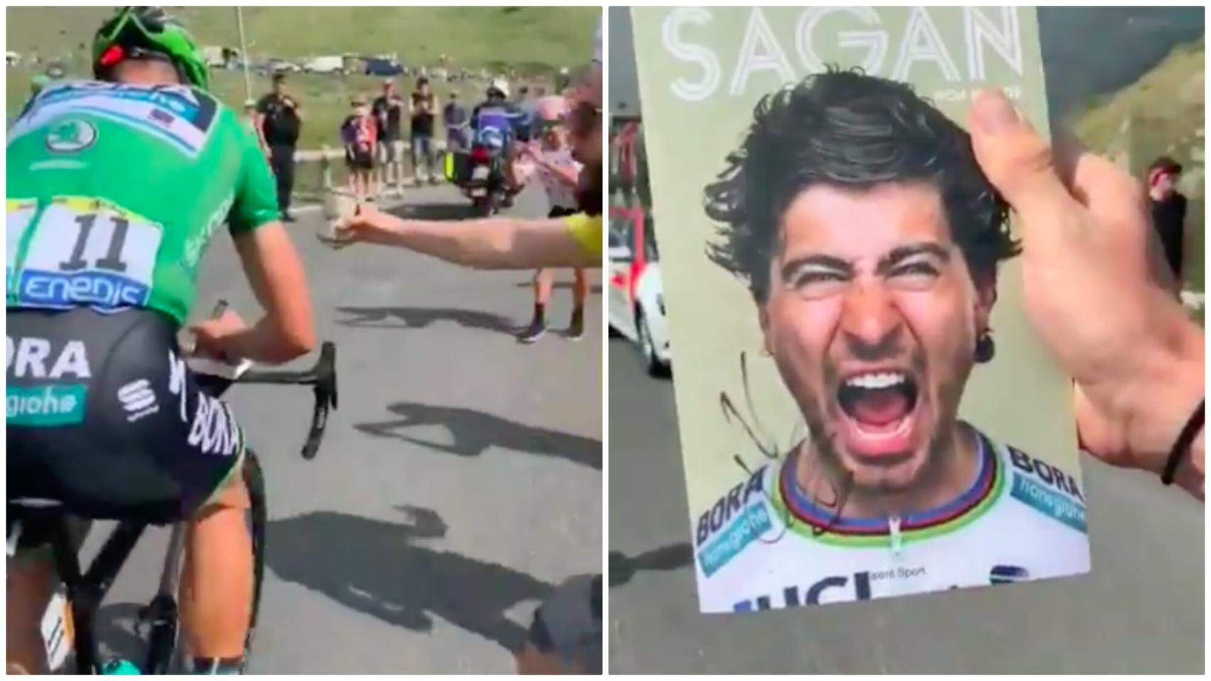 Peter Sagan firma un autógrafo en plena subida