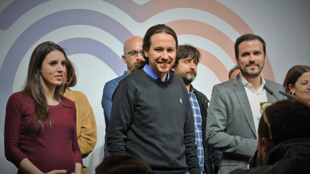 Pablo Iglesias, Irene Montero, Rafa Mayoral y Alberto Garzón, tras las elecciones del 28-A.