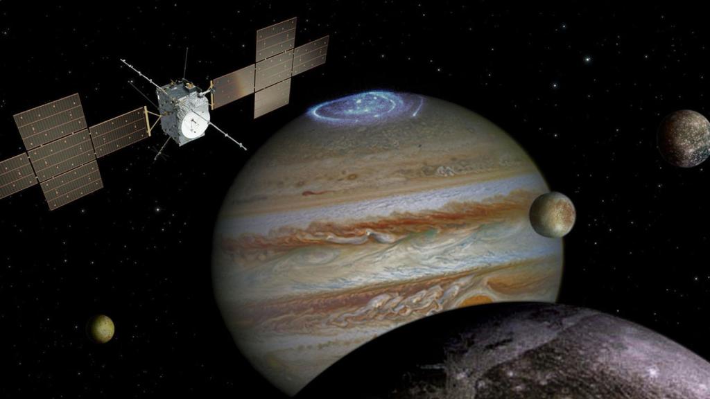 Spacecraft: ESA/ATG medialab; Jupiter: NASA/ESA/J. Nichols (University of Leicester); Ganymede: NASA/JPL; Io: NASA/JPL/University of Arizona;