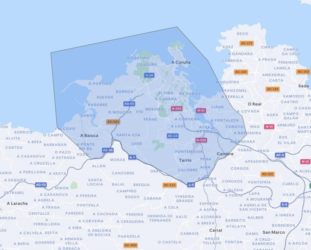 Mapa de los trayectos posibles con Uber en A Coruña.