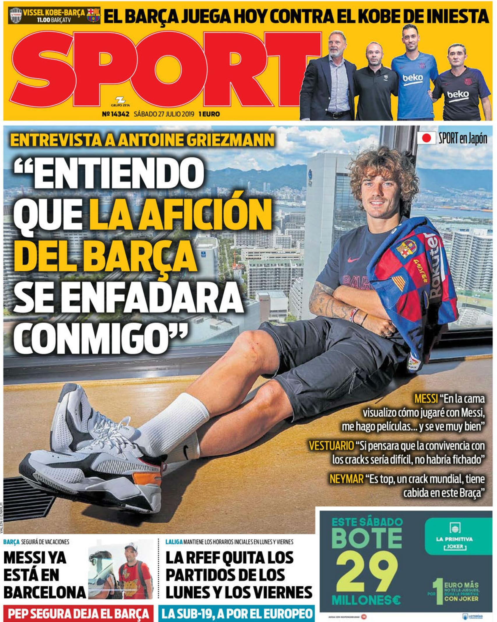 La portada del diario Sport (27/07/2019)