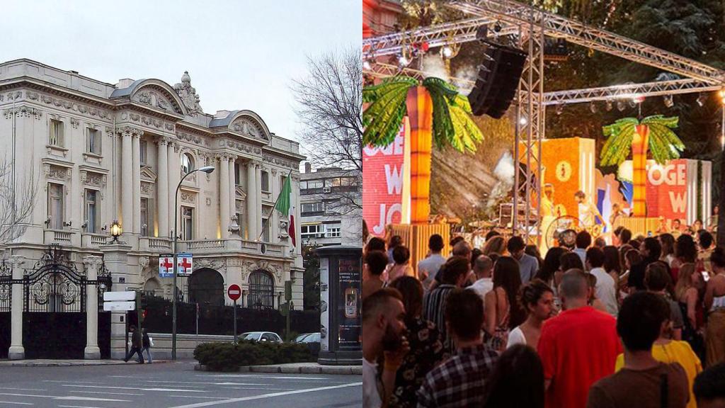 La embajada de día y el jardín de noche, en una de las fiestas que se celebró en julio.