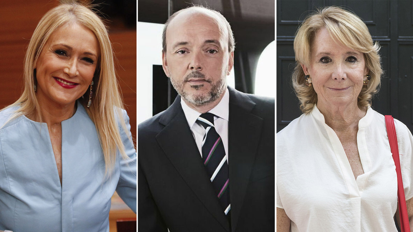 La expresidenta de la Comunidad de Madrid, Cristina Cifuentes, el presidente de Prisa, Javier Monzón, y la exdirigente del PP Esperanza Aguirre.