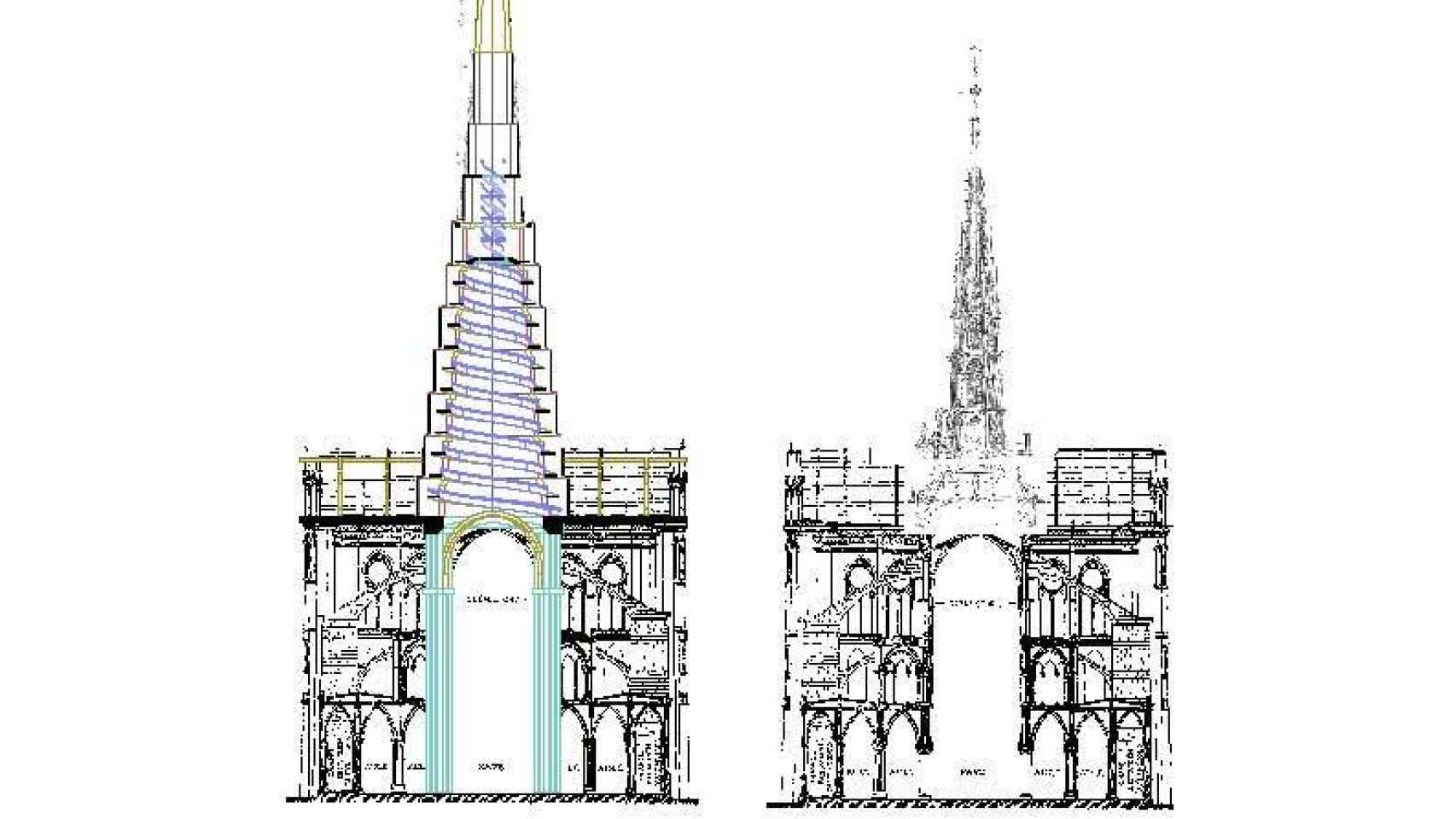 Sección vertical del templo por la nave del crucero con la aguja sobreelevada siguiendo su propio ángulo natural hasta llegar a apoyar en los 4 pilares del crucero
