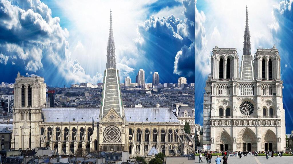 Aspecto de la catedral de Notre Dame reconstruida según el plan del catedrático de Arquitectura español..